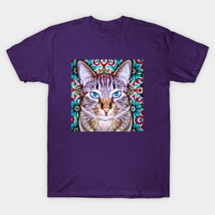 Tabby Cat Against a Colorful Pattern T-Shirt